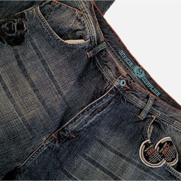 Vtg Phat Farm Jeans Mens 38x33 (32L) Blue Baggy Hop Hop Skater Logo Patches Y2K - Picture 3 of 16